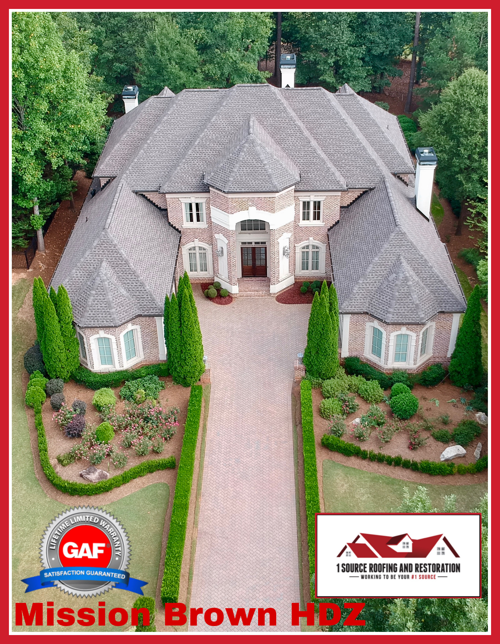 Completed Mission Brown HDZ architectural shingle installation on luxury brick estate — aerial drone view